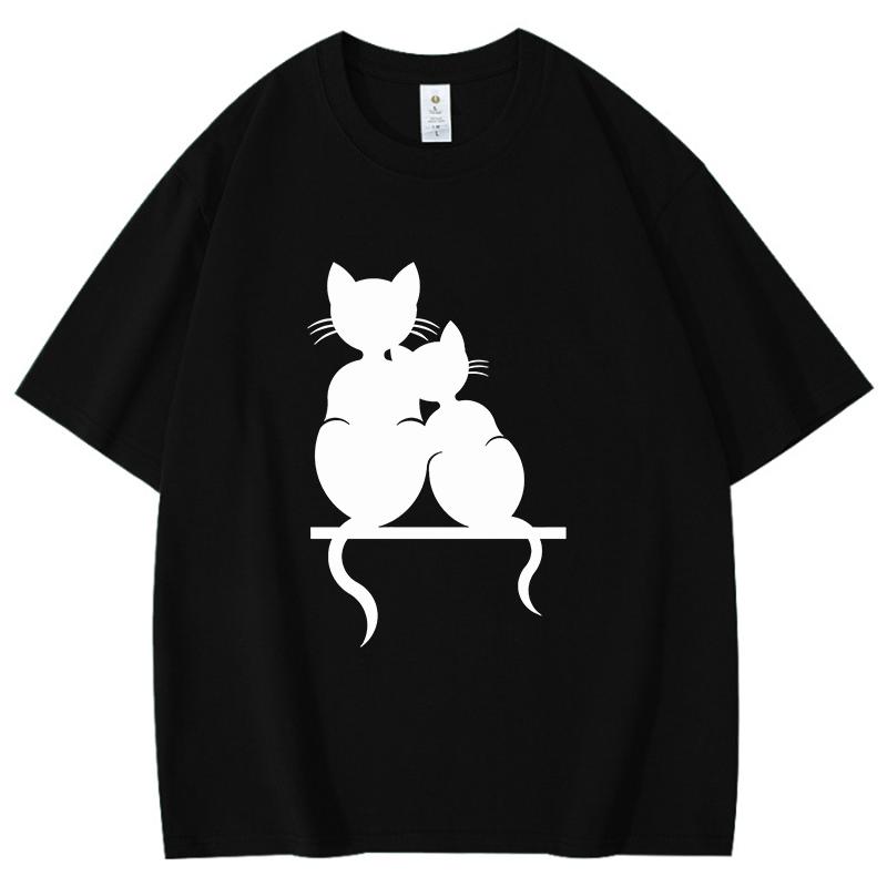 Cat Cuddling Together Pattern Unisex Women Cotton TShirt Fashion Short Sleeve Casual Summer Street Simple Loose Tops Neutral Tees