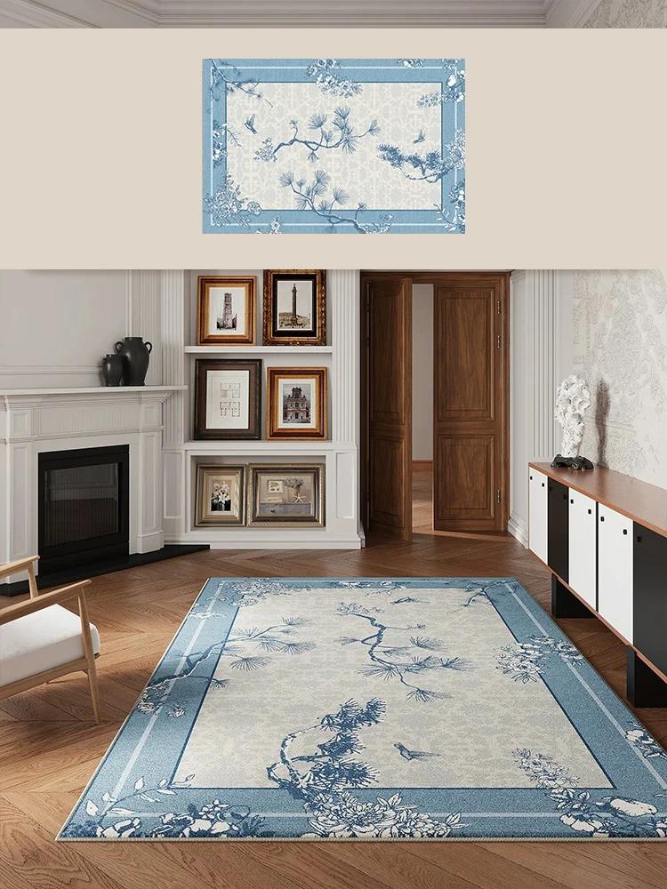 Blue Vintage Chinese Floral Rug Living Room Large Area Carpet Light Luxury Home Decoration Anti-slip Washable Mats Bedroom Rugs
