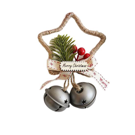 Christmas Jingle Bell Rustic Iron Door Hanging Star Bell with Bow Pine Picks Red Berry for Christmas Wreath Gift Wrapping Craft Home Decor