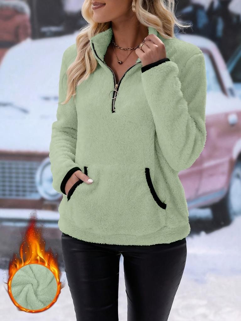 New Style Women's Fall Winter High Neck Zipper Pocket Long Fleece Hoodie