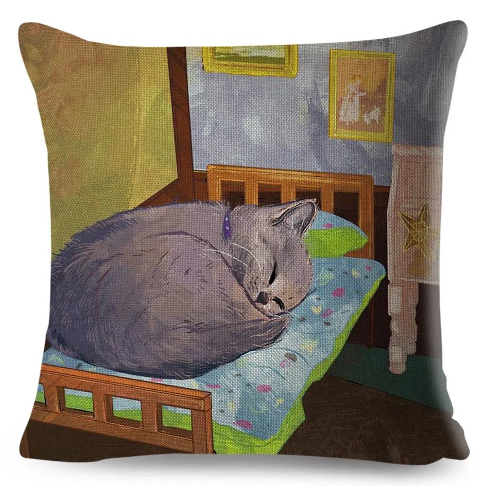 Olejomalba Roztomilá Kočka Povlak na Polštář Dekor Barevný Kreslený Domácí Zvíře Povlak na Polštář Polyesterový Povlak na Polštář na Pohovku Dětský Pokoj