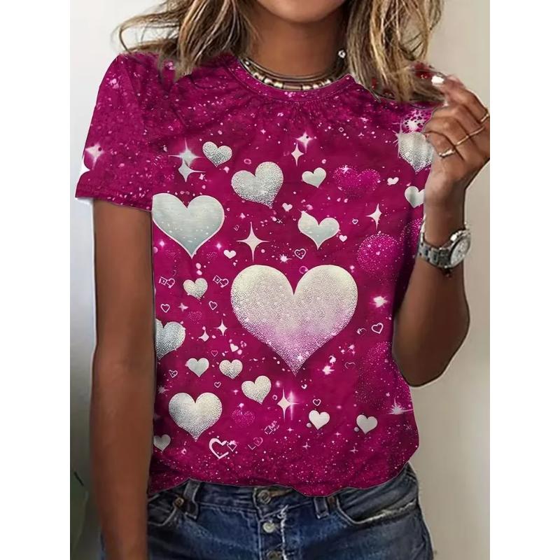 Fashion Women's Clothing Love Short Sleeve Crew Neck Short Sleeve Crew Neck T-Shirt 3D Love Rose Color Printing Rose Short Sleeve Tees