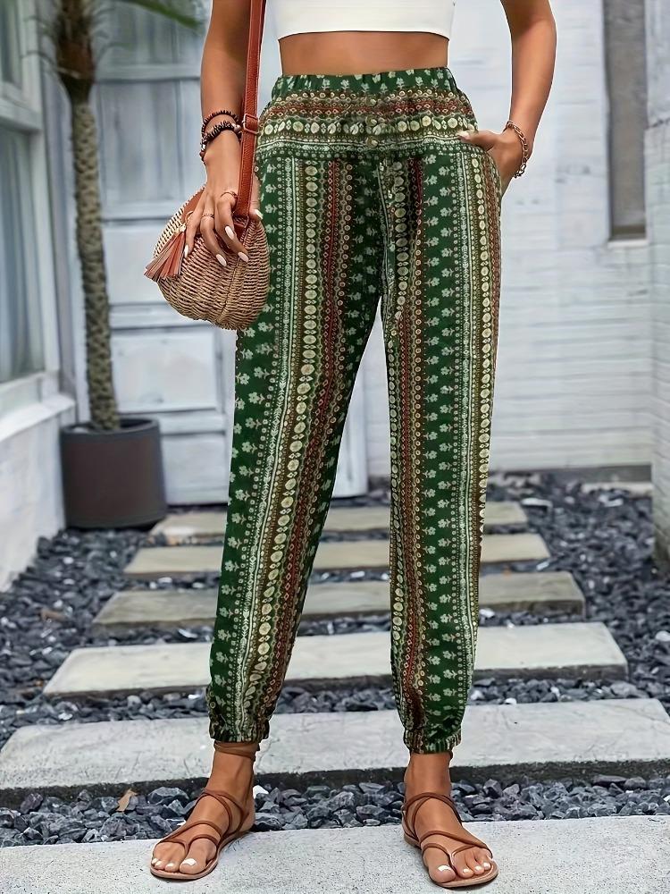 Frühling/Sommer Damen Böhmischer Ethno-Print Locker Schlankmachend Drapierte Elastische Taille Aufgeschlagene Lässige Hose