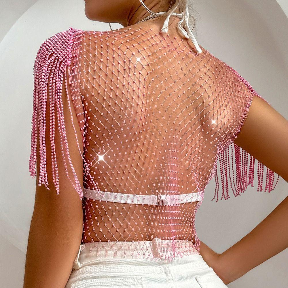 Rhinestone Fishnet Glitter Top Mesh Rhinestone Fishnet Cover Ups  Party