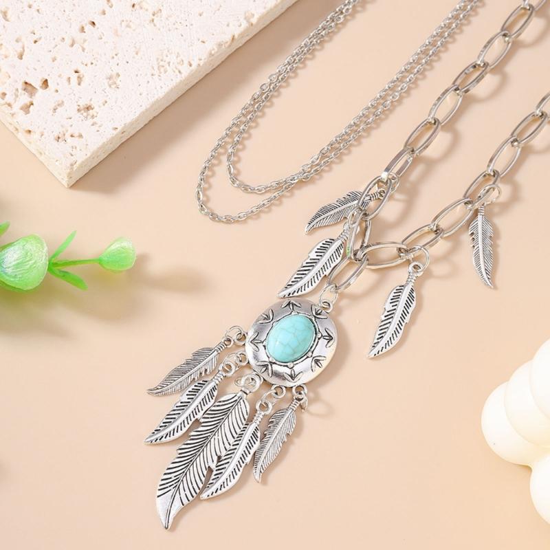 Pack of 2 Ethnic Turquoise Feather Chokers with Antique Alloy Finish Adjustable Length Bohemian Fashion Accessories