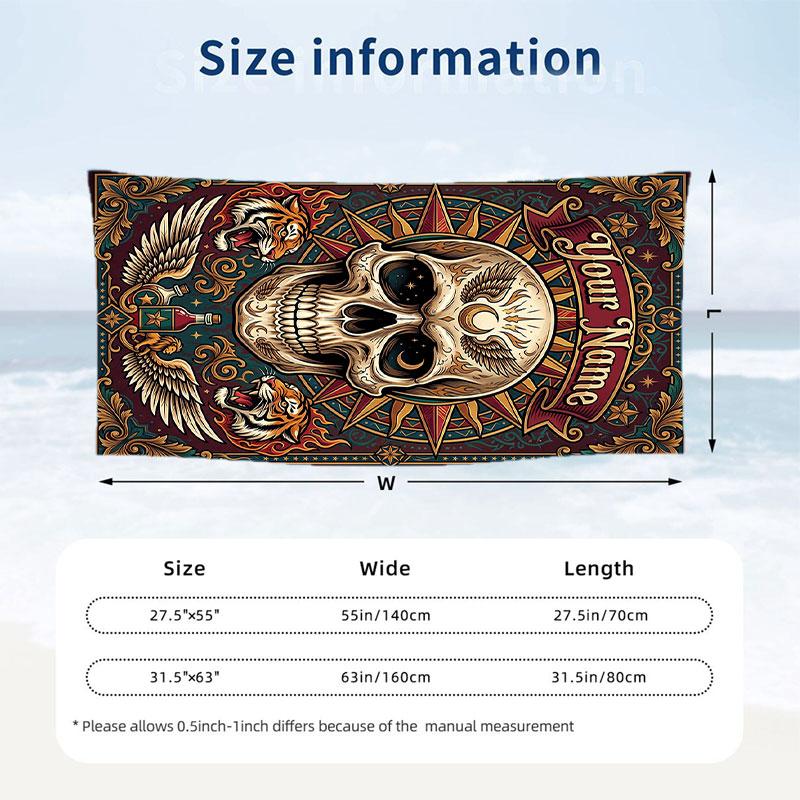 Skull Floral Fantasy Theme Quick Dry Beach Towel Custom Name Text Print Large Sand Resistant Towel Beach Vacation