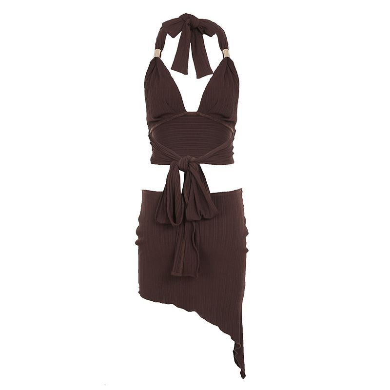 

Outfitgirl Purple Sexy Halterneck Backless Underwaist Sheath Skirt Two-piece Set Bar Nightclub Suit Women Brown L