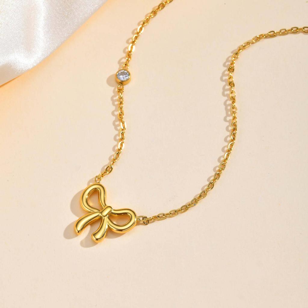 Fashion Stainless Steel Zircon Bow Gold Necklace Ladies