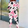 Women Plus Size Abstract Printed Round Neck Long Sleeve Top Fitted Pants Two Piece Set