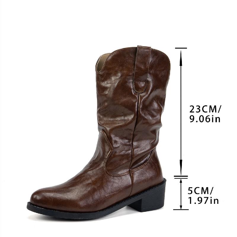 

Импортные сапоги на толстом каблуке, тонкие, женские, осень-зима 2025 года, новые, наборные, средние, модные, V-port, европейские и американские, большие размеры 35 коричневый