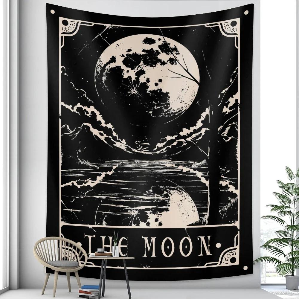 The Moon Tapestry Black and White Wall Hanging Vintage Woodcut Art for Bedroom Living Room Gothic Decor 100X70CM