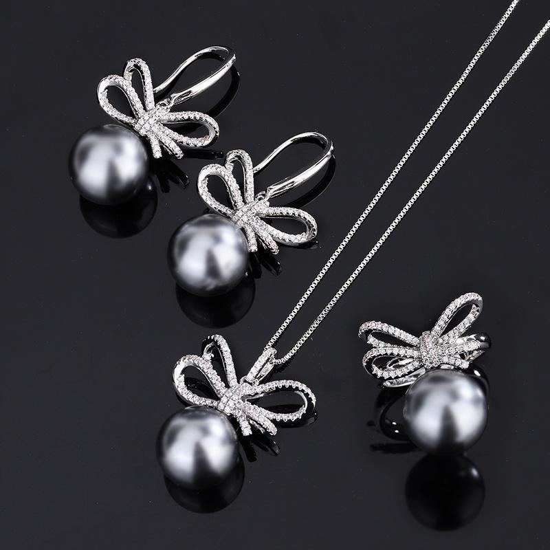 Jewelry Copper Bottom Gold-Plated Inlaid Gray Bead Bow Diamond-Set Female 14Mm