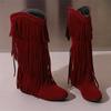 FOREADA Women Knee High Cowboy Boots Round Toe Height Incresing Mid Heels Tassel Western Long Boots Ladies Fashion Shoes Winter 46