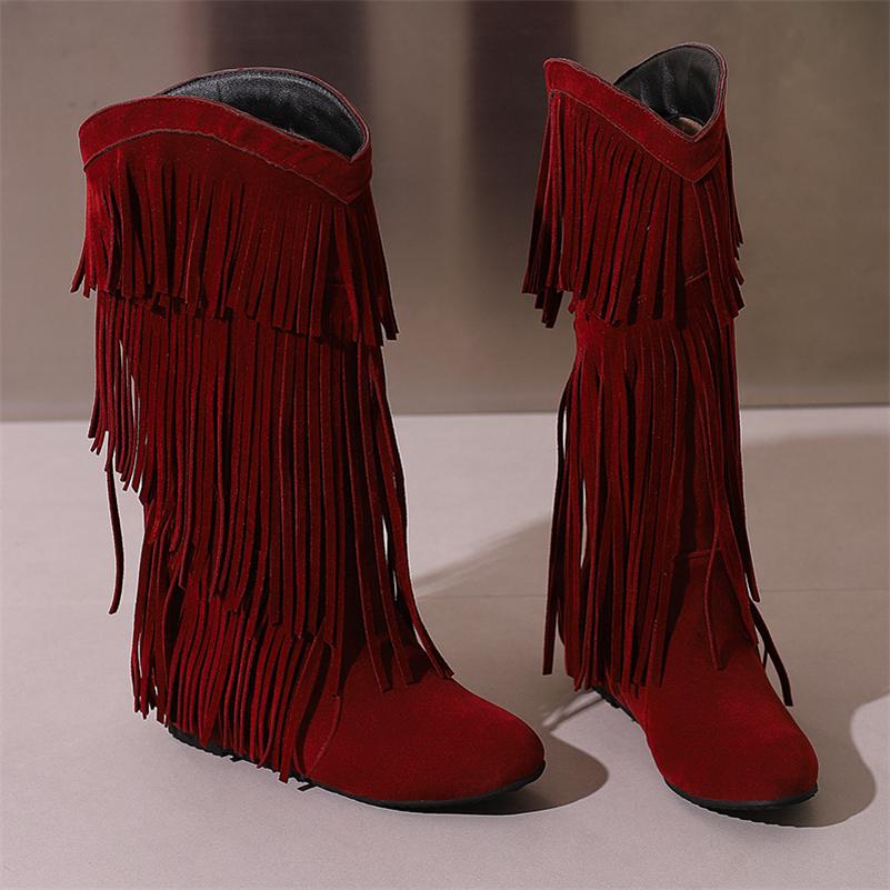 FOREADA Women Knee High Cowboy Boots Round Toe Height Incresing Mid Heels Tassel Western Long Boots Ladies Fashion Shoes Winter 46