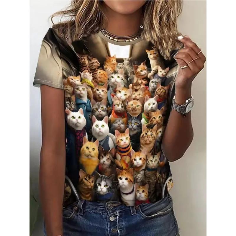 Summer Round Neck 3D Cute Cat Pattern Print Top Fashionable Casual Short Sleeved Women's T-shirts