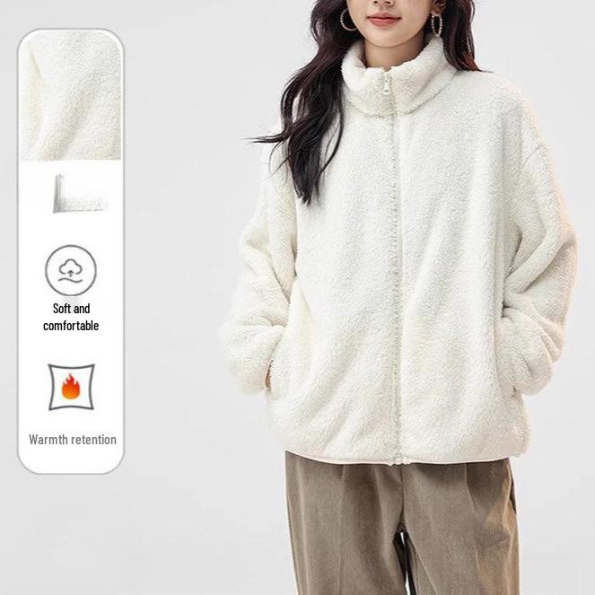2026 Women's Casual Solid Coral Fleece Stand Collar Hoodie Jacket