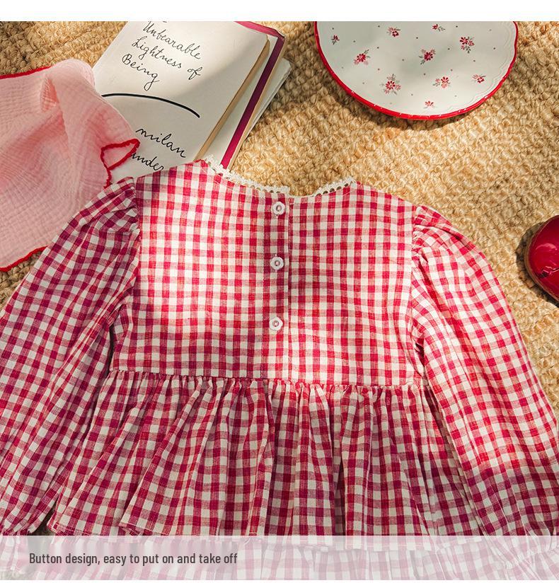 2026 Autumn Korean Children's Strawberry Embroidered Dress - Sweet Girl's Round Neck Lace Plaid Cake Skirt