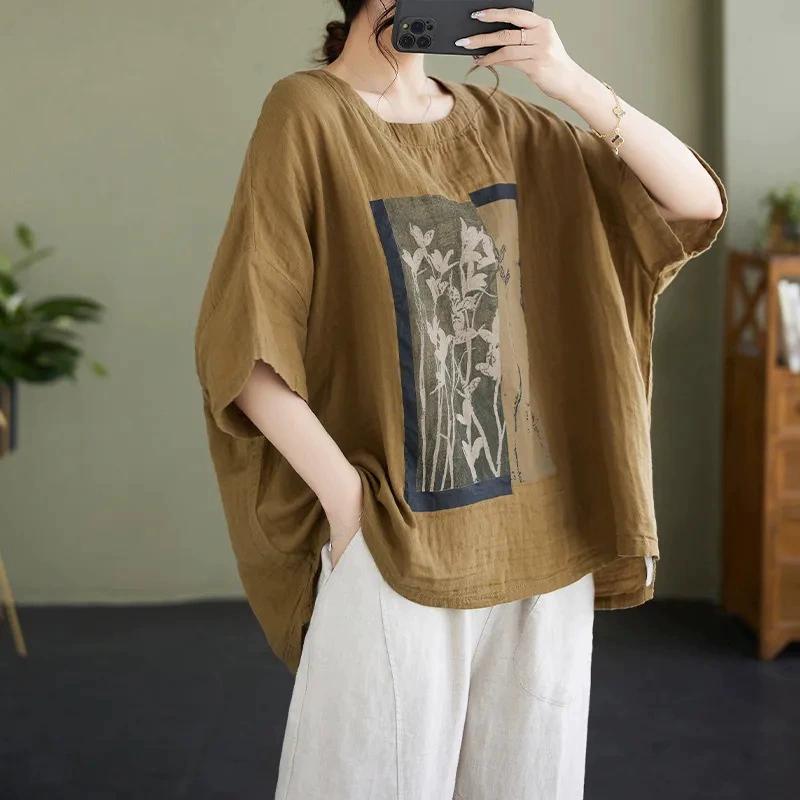 T-shirt a maniche corte in cotone e lino da donna, estiva, taglia grande, vestibilità larga, stile occidentale, con stampa, copre la pancia, maglietta snellente