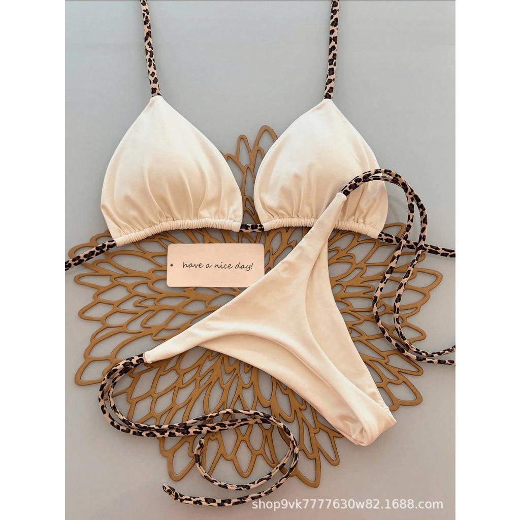 Ladies' Fashion Leopard Print Lace Up Bikini Swimsuit, Beach Vacation Set