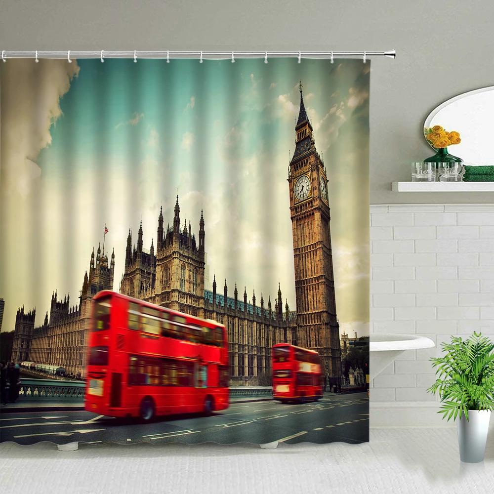 Paris Street Scenery Black And White Design Red Tram Bathroom Shower Curtain Waterproof Bathtub Home Decor Background Curtains