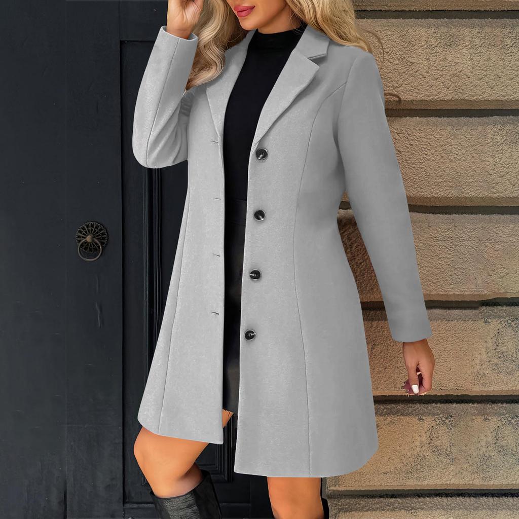 Women's Solid Color Long Sleeved Lapel Long Coat Woolen Button Coat