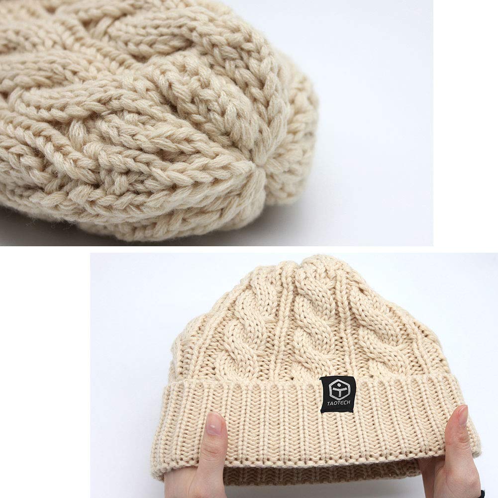 TaoTech Knit Beanie with Watch Solid Cold Warm Size Fits Cable Tag, Fold-Over Hat, Hat, Unisex, Color, Stretch, Simple, Weather, (One All, Knit/Beige)