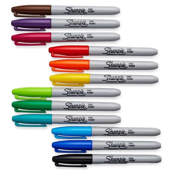 Marqueurs permanents - SHARPIE - 12 pièces - Pointe ogive fine 0.9mm - Couleurs assorties - Indélébile