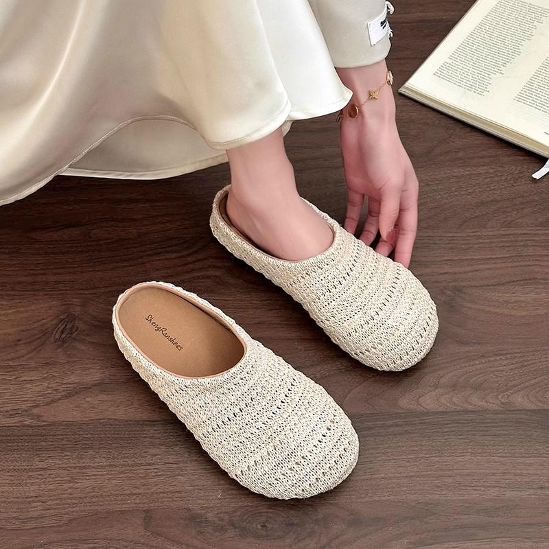 2025 summer new straw slippers women's baotou breathable casual flat-bottomed fisherman shoes soft-soled fashionable half slippers women's shoes