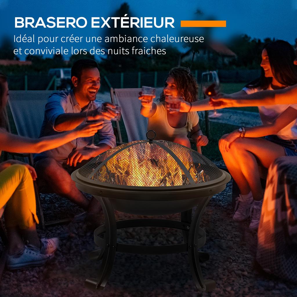 Brasero Chimney Outdoor Round Fireplace With Spark Screen Metal Poker Dim 55L X 55W X 50H Cm Black