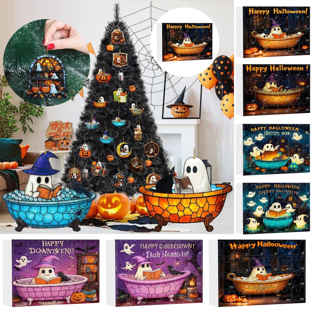 2025 Halloween Advent Calendar, 24 PCS Acrylic Ghost Reading Hanging Decorations, 2D Flat Acrylic Ghost Reading Hanging Ornament, Countdown Decor