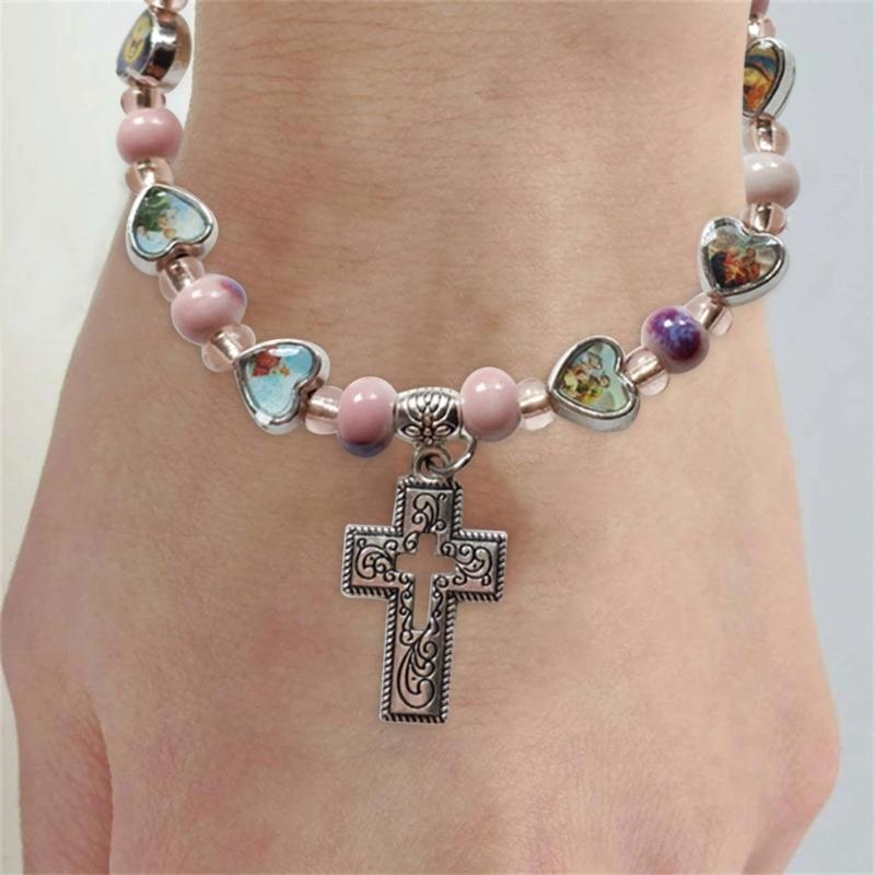 Jesus Cross Rosary Bracelet Lady Virgin Mary Jesus Cross Handmade Bead Chain Rose, Sacred Heart Compassion Rosary Bracelet Gift