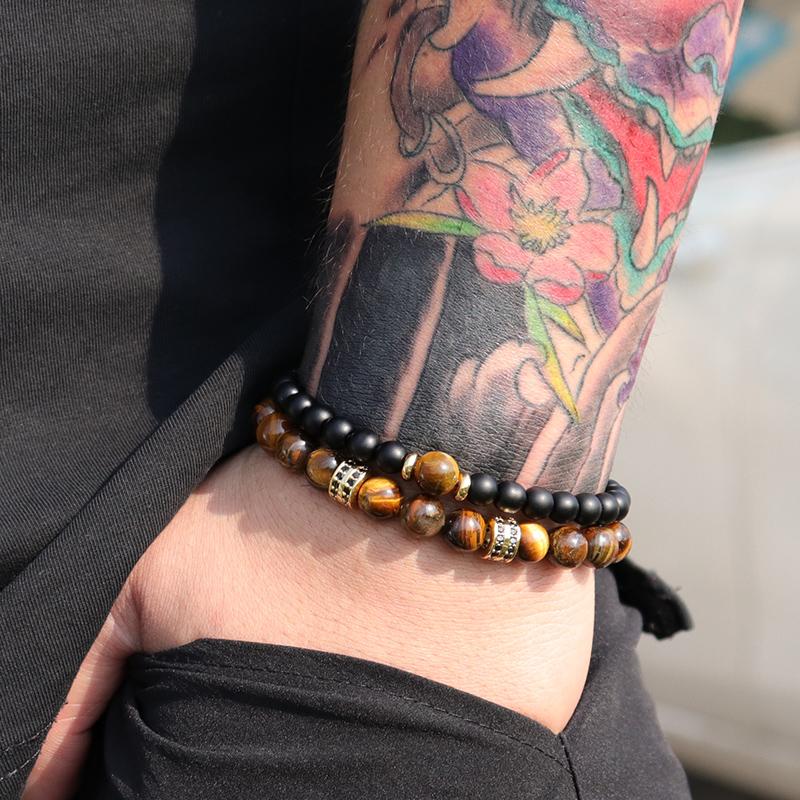 Fashion 2Pcs Men Bracelet Set Natural Tiger eye Beads Stone Braslet Luxury Zirconia Wrap Braclet Leisure Accessories Pulseria