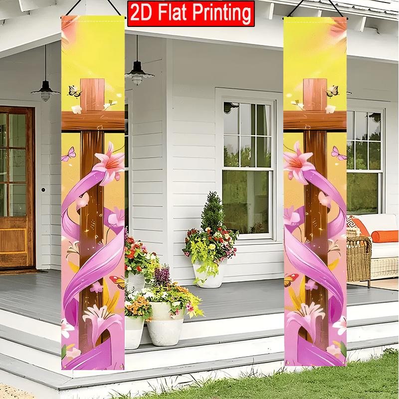 2D Flat, 2pcs 2D Flat Easter Porch Banner, 30.48x179.83 cm Polyester Door Couplet, Jesus Cross Religious Design, Suitable for Outdoor Yard Flag Decora
