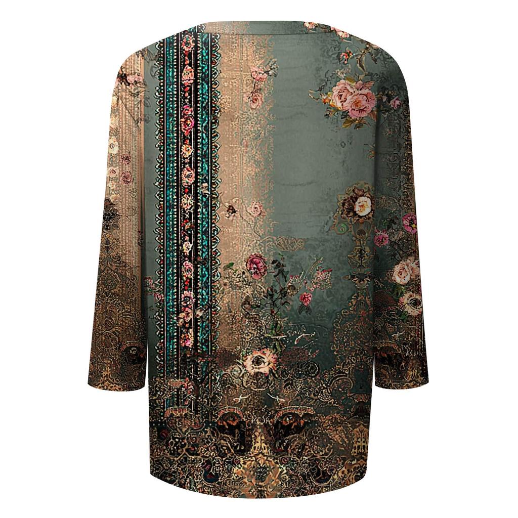 Trendy Vintage 3/4 Sleeve Top For Women ,Ladies Casual Three Quarter Sleeve Round Collar Printed T-Shirt Blouse