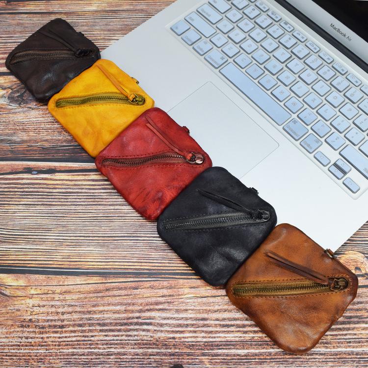 Première Couche Cuir de Vachette, Cuir Tanné Végétal, Fermeture Éclair Simple et Créative, Porte-Monnaie, Coloration Faite à la Main, Mini Sac Vintage