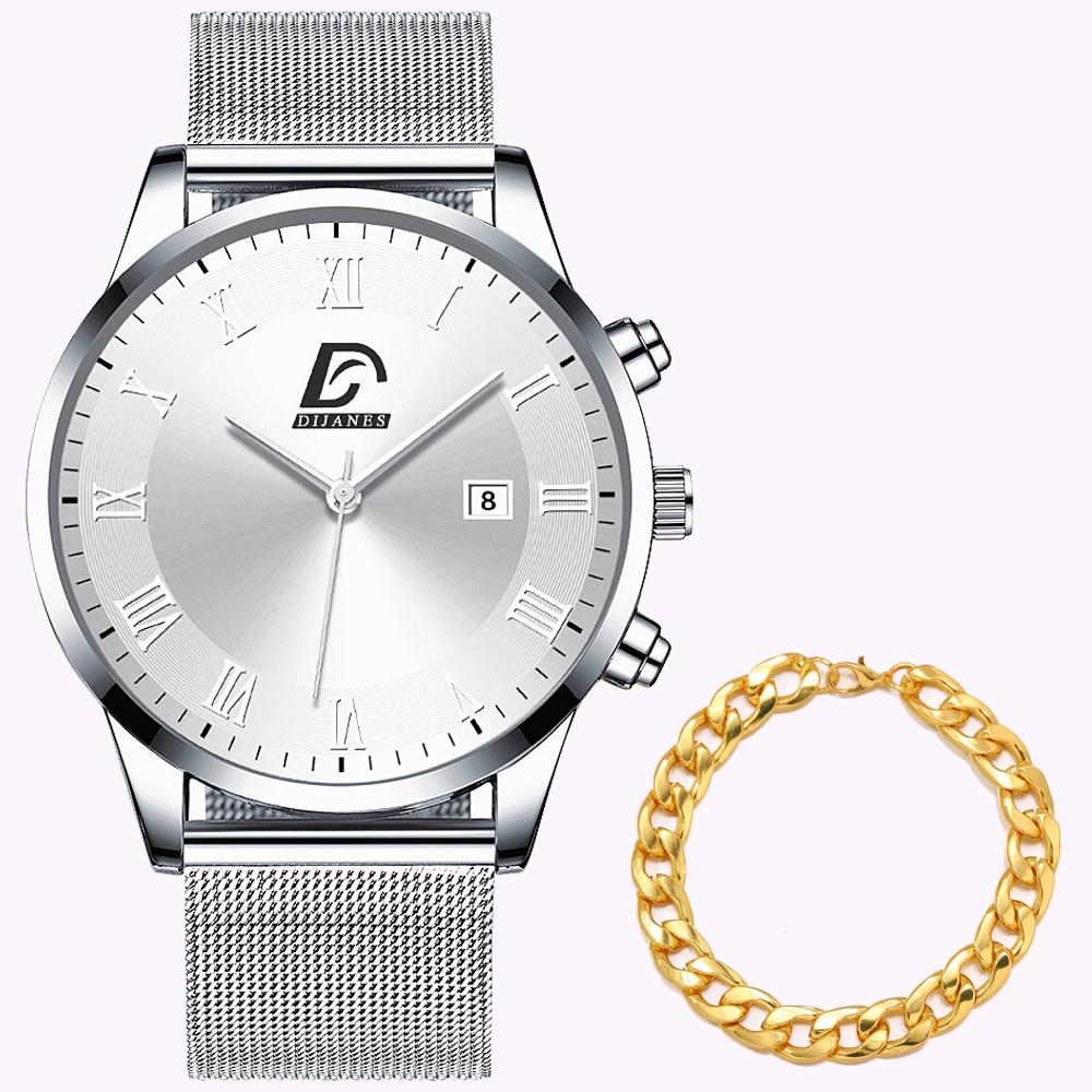 Módní pánské hodinky pro volný čas Pánské náramkové hodinky z nerezové oceli se síťovinou náramkové hodinky křemenné hodinky set pánské datumové hodiny