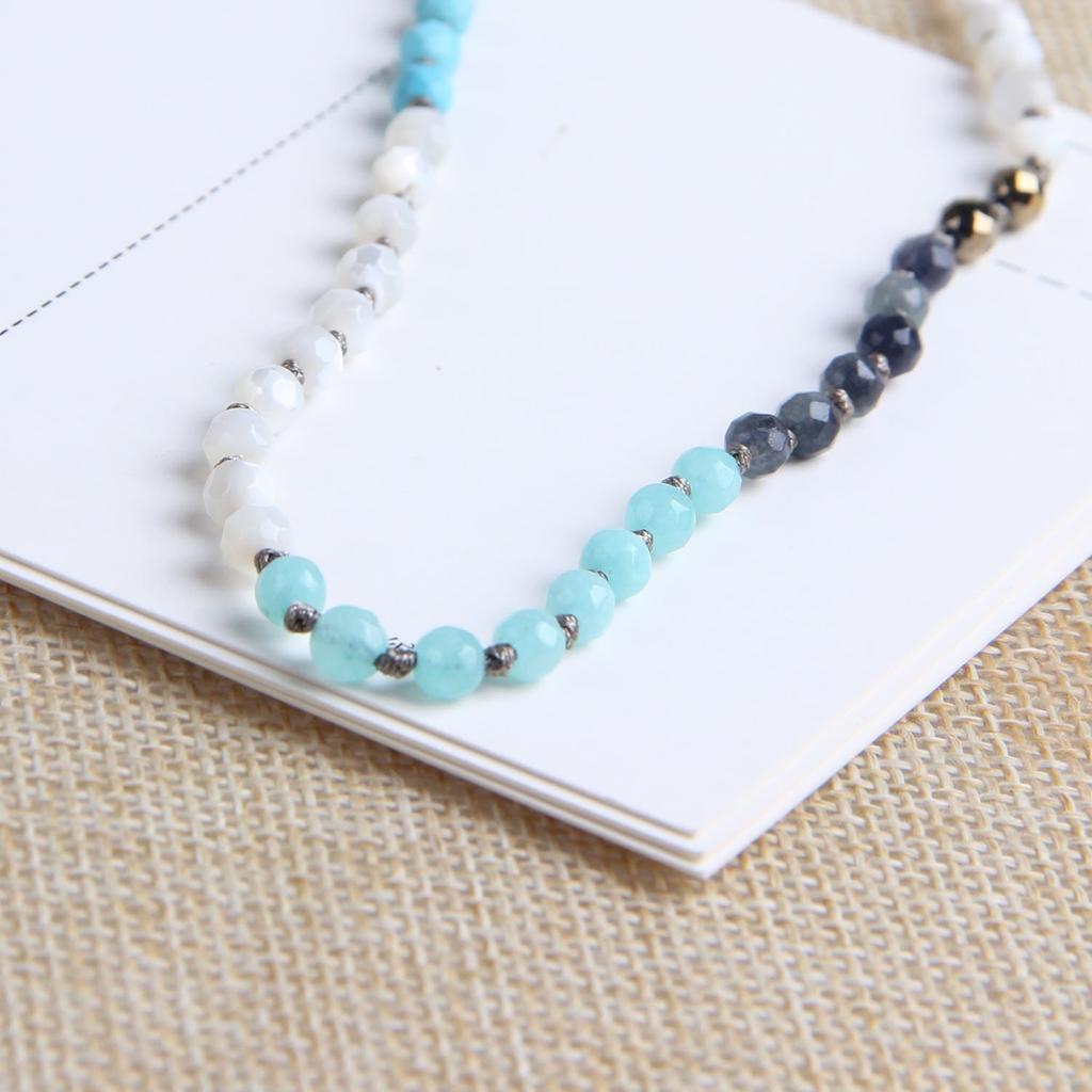 KELITCH Agate Crystal Mix Bead Long Necklace Handmade Bib Necklace New Chain Jewelry (WhiteBlue)