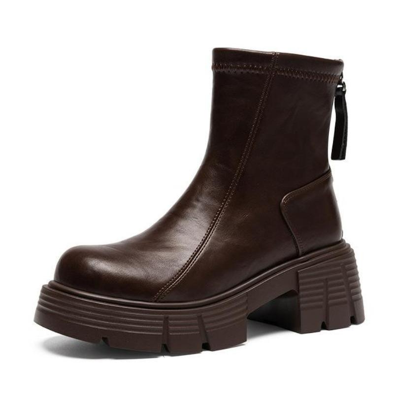 Fashion 7CM Fashion Women's Ankle Boots High Heel Round Head Thick Heel Back Zipper Fashion Boots British Style Platform Shoes Women