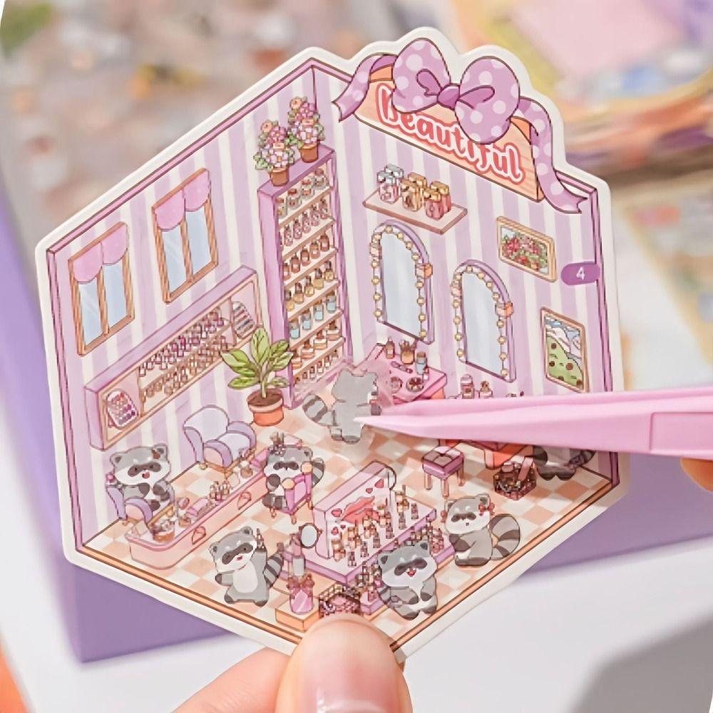 50 In 1 Miniature Scene Landscape Stickers Diy Pet 3D House Stickers Scene Collection Visual Stacking Cartoon