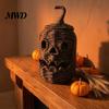 Rustieke Zeegras Opbergmand Handgeweven Halloween Pompoenmand, Spookachtige Snoepmand met Deksel, Vintage Rotan Houder Verlichte Lantaarn LED Kaars voor Tafel