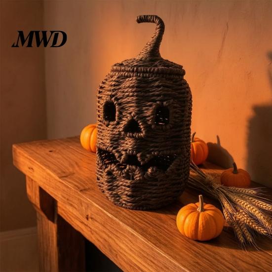 Rustieke Zeegras Opbergmand Handgeweven Halloween Pompoenmand, Spookachtige Snoepmand met Deksel, Vintage Rotan Houder Verlichte Lantaarn LED Kaars voor Tafel