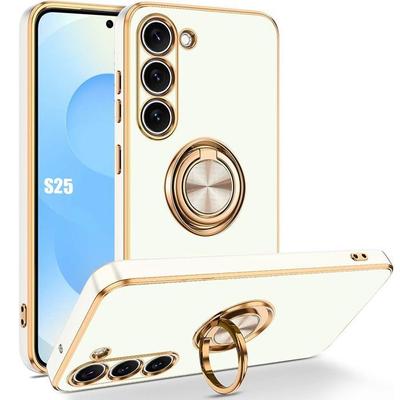 Funda para Samsung Galaxy S25, Protección de Silicona con Anillo Giratorio Blanco