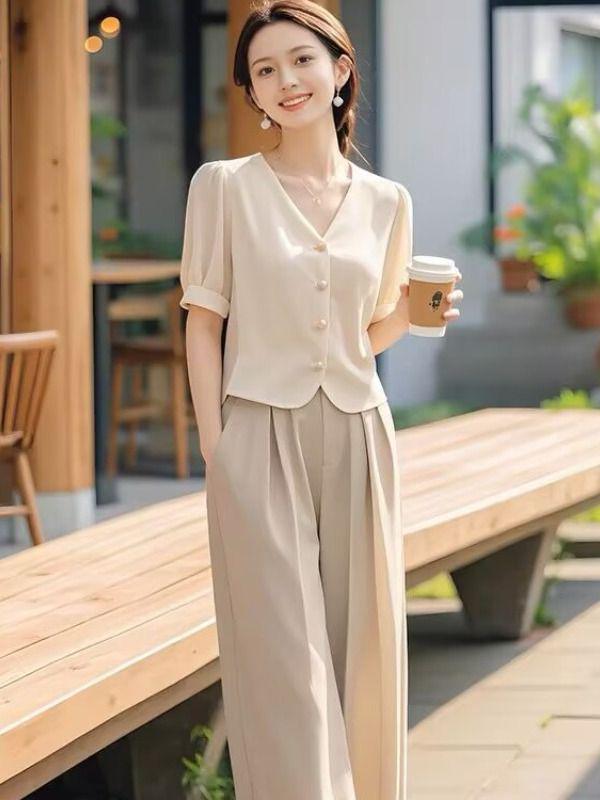 Apricot Top & Wide-Leg Pants Two-Piece Set: Professional, Timeless Summer Outfit for Women