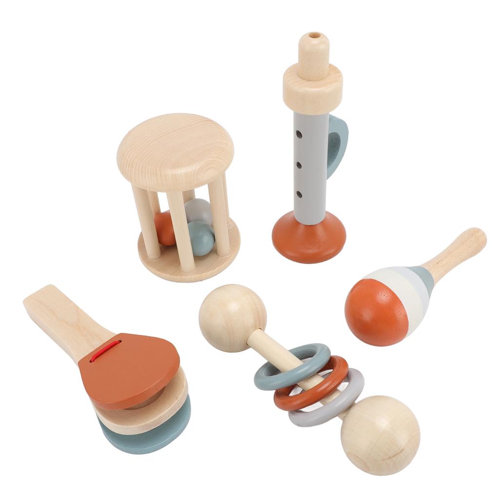 5pcs Wooden Musical Instrument Toy Cage Bell Baby Rattle Toy Early Educational Percussion Instrument