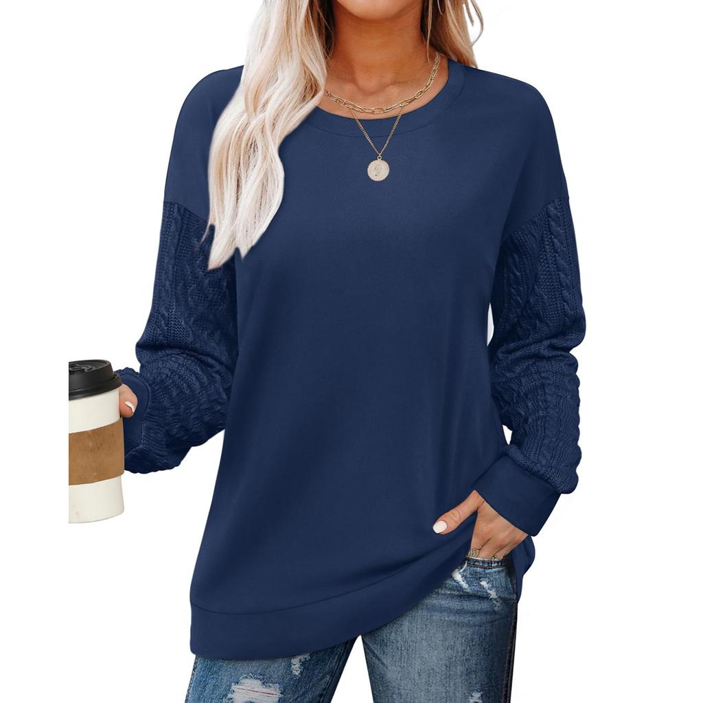 Crewneck Sweatshirts For Women Cable Knit Sleeve Lightweight Fall And Winter Tops