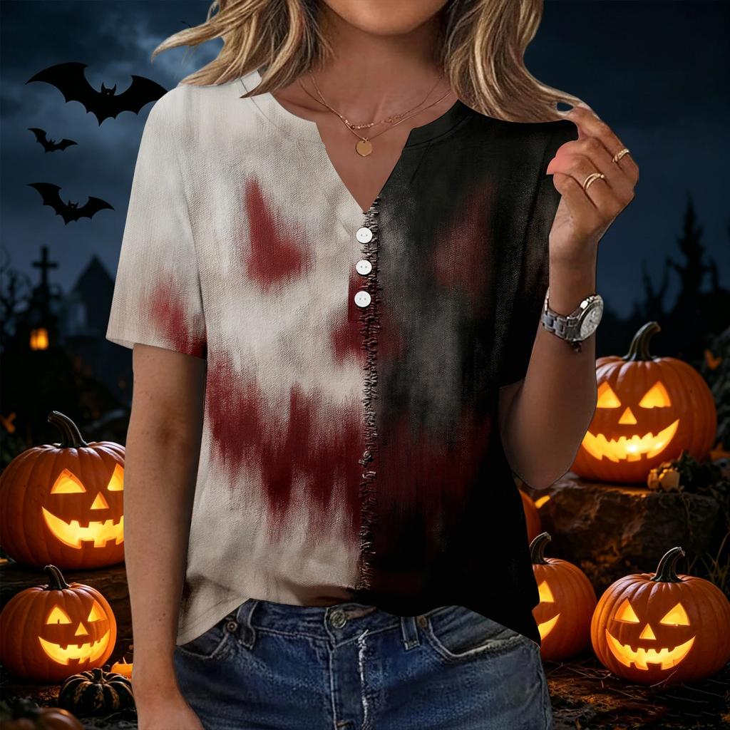 Women's Halloween Printed Loose Fit V Neck Short Sleeve Top with Pocket Casual Blouse for Seasonal Wear and Everyday Comfort