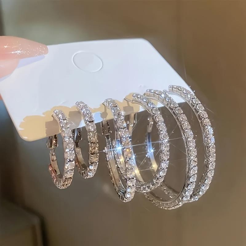 

European & American fashion sparkling earrings, minimalist & high-end. Creative exaggerated large/medium/small hoop design, sold as 3-pair set.