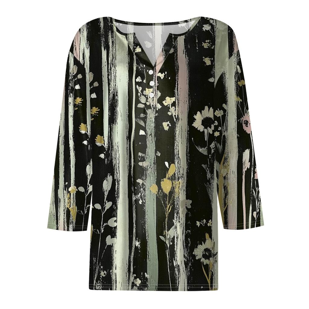 Damski T-shirt Koszulka Nadruk Guzik Rękaw 3/4 Tunika Codzienna Weekendowa Moda Podstawowy Dekolt V Regularny Top
