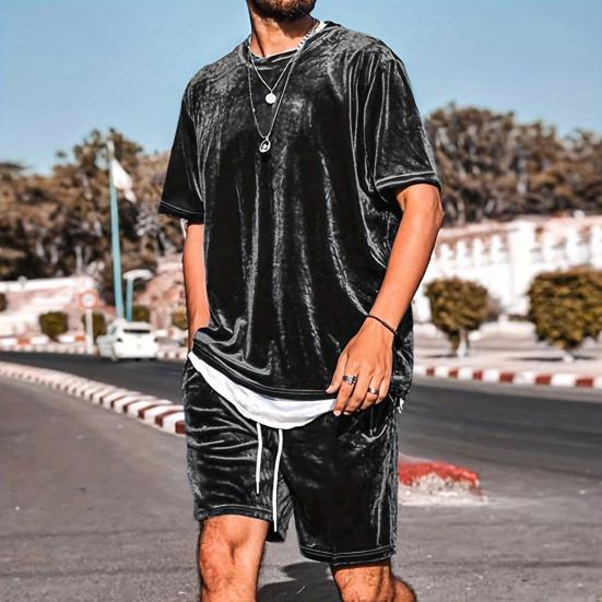 2 ks/sada Pánský outfit Kulatý výstřih Krátký rukáv Topy Stahovací šňůrka v pase Šortky Sada Jednobarevná
