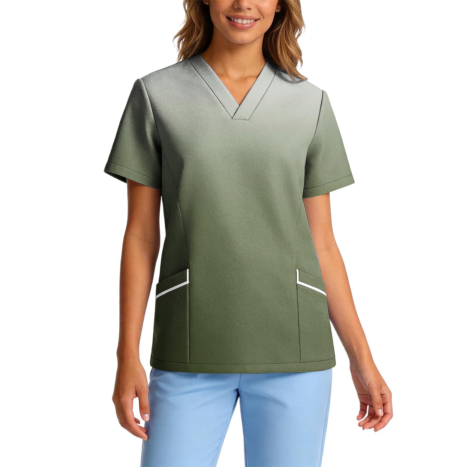 

Women s Stretch Quick-Dry V-Neck Short Sleeve Workwear Top with Gradient Print & Pockets L армия зеленый